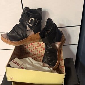 A.S.98 Black Leather Wedge Sandals